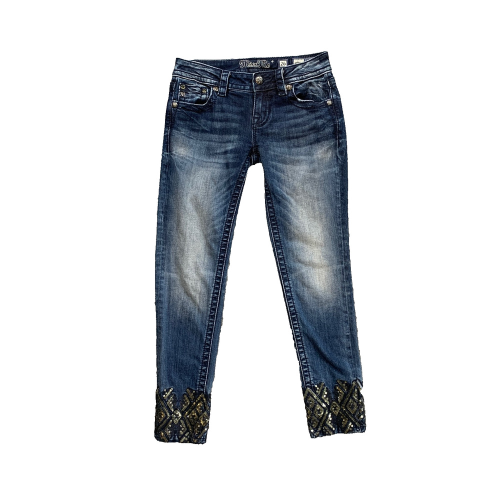 Miss Me Jeans Womens 26 Blue Signature Ankle Skinny Sequined Cuffed Low Rise